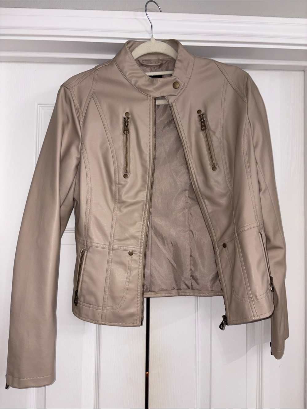 Classic Beige Faux Leather Moto Jacket - Women